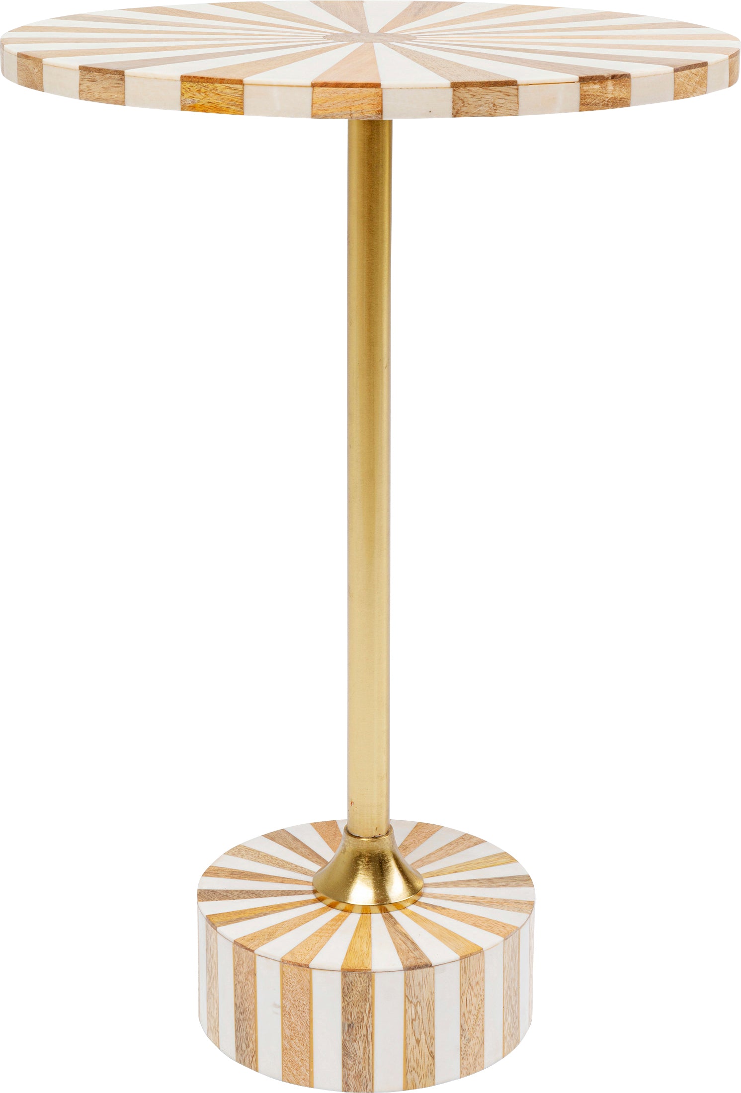 Der Beistelltisch Domero Cirque Gold Weiß Ø40cm beeindruckt mit messingbeschichtetem Gold-Pedestalsockel und einer runden Tischplatte im Sonnenstrahl-Design aus weißen und naturholzfarbenen Streifen.