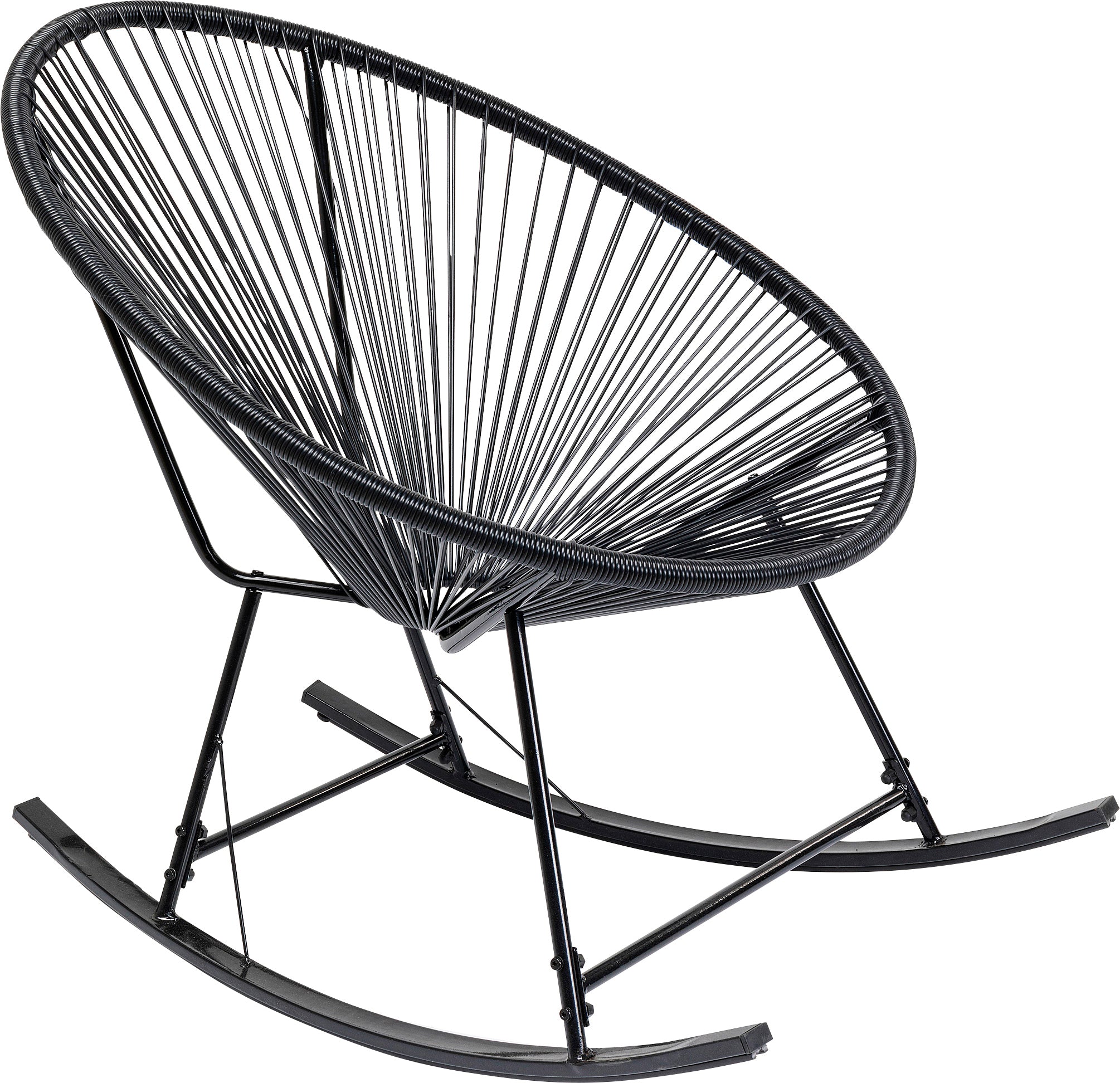 Der Schaukelstuhl Acapulco – Schwarz oder Natur besticht durch seine ikonische, rund geflochtene Sitzfläche und das Metallgestell mit geschwungenen Kufen, die für sanfte Schaukelbewegungen sorgen. Ideal als eleganter Outdoor-Stuhl oder stilvoller Schaukelstuhl für jeden Raum.