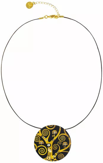 Collier „Lebensbaum“ mit Lederband – inspiriert von Gustav Klimt, mit rundem Anhänger und gold-schwarzem Baumdesign am dünnen schwarzen Lederband.
