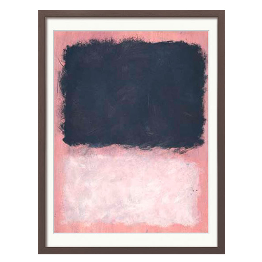 Mark Rothko: Bild „Untitled“ (1967), gerahmt – Abstraktes Gemälde mit schwarzem Rechteck über weißem Rechteck auf rosa Hintergrund, im braunen Rahmen.