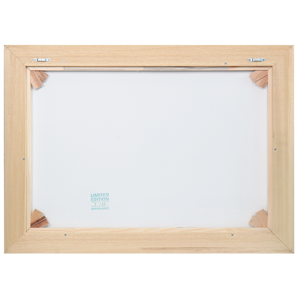 Rückseite des gerahmten Anja Struck-Kunstwerks „Leises Meeresrauschen – Jubiläums-Edition“ (2022, serielles Unikat) mit Eckstützen und einem „Limited Edition“-Stempel auf dem Holzrahmen mit Leinwand.
