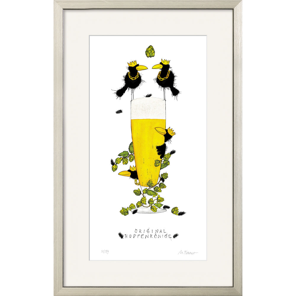 Gerahmtes Kunstwerk „Original Hopfenkönige“ von Michael Ferner: Abbildung eines Bierglases mit Hopfen und Vögeln mit Kronen.
