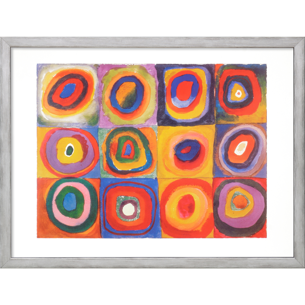 Set aus drei abstrakten Kunstwerken von Wassily Kandinsky, jeweils gerahmt, mit bunten konzentrischen Kreisen, die in einem Raster angeordnet sind. „Wassily Kandinsky: 3 Bilder im Set, gerahmt.“.