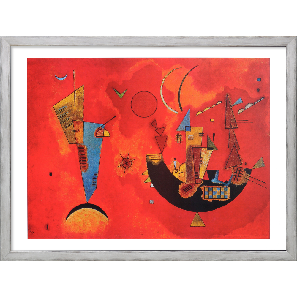 „Wassily Kandinsky: 3 Bilder im Set, gerahmt“ zeigt abstrakte Kunst mit geometrischen Formen in Blau, Gelb und Schwarz auf einem leuchtend roten Hintergrund, alles in Silber gerahmt.