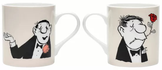 2er-Set Loriot-Porzellanbecher mit Künstlermotiven: „Rosenkavalier“ (Cartoon-Mann mit Rose im Mund) & „Conférencier“ (Mann im Smoking hält eine rote Blume).