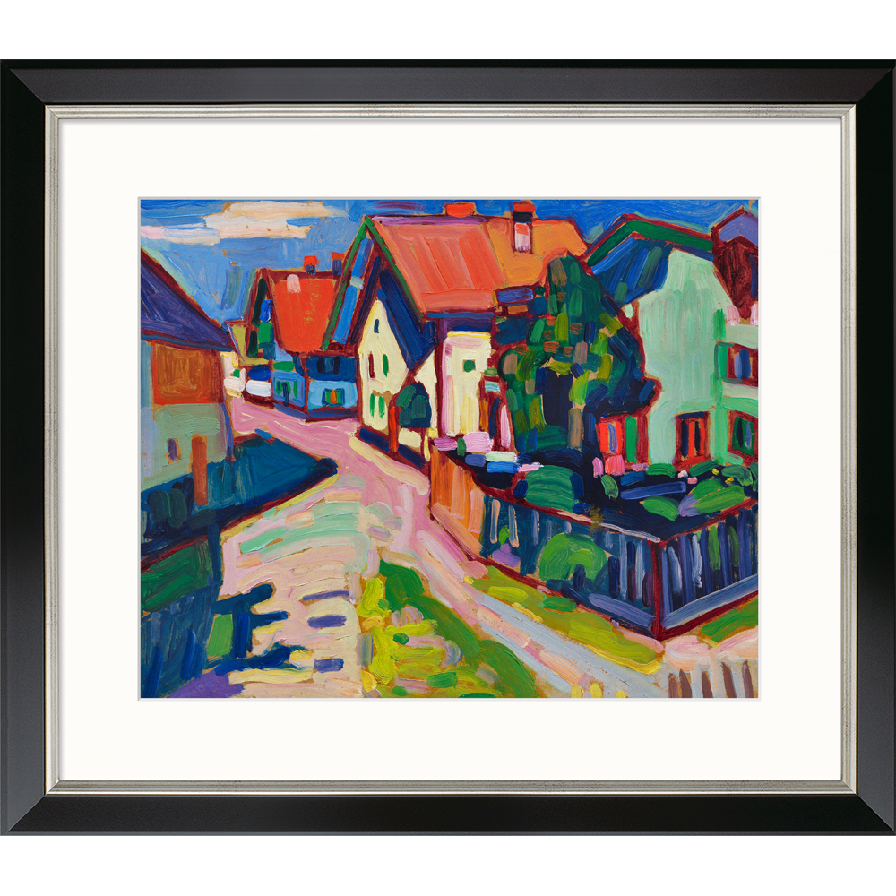Wassily Kandinsky: Bild „Murnau“ (1908), farbenfrohes Gemälde einer Dorfstraße mit Häusern und Bäumen, ausdrucksstarke Pinselstriche, schwarz-silberfarben gerahmt.