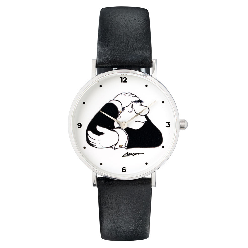 Die Loriot: Künstler-Armbanduhr „Der Denker“ ist eine Armbanduhr mit der Zeichentrickfigur „Der Denker“, wobei die Arme der Figur als Uhrzeiger dienen und die Zeit anzeigen.