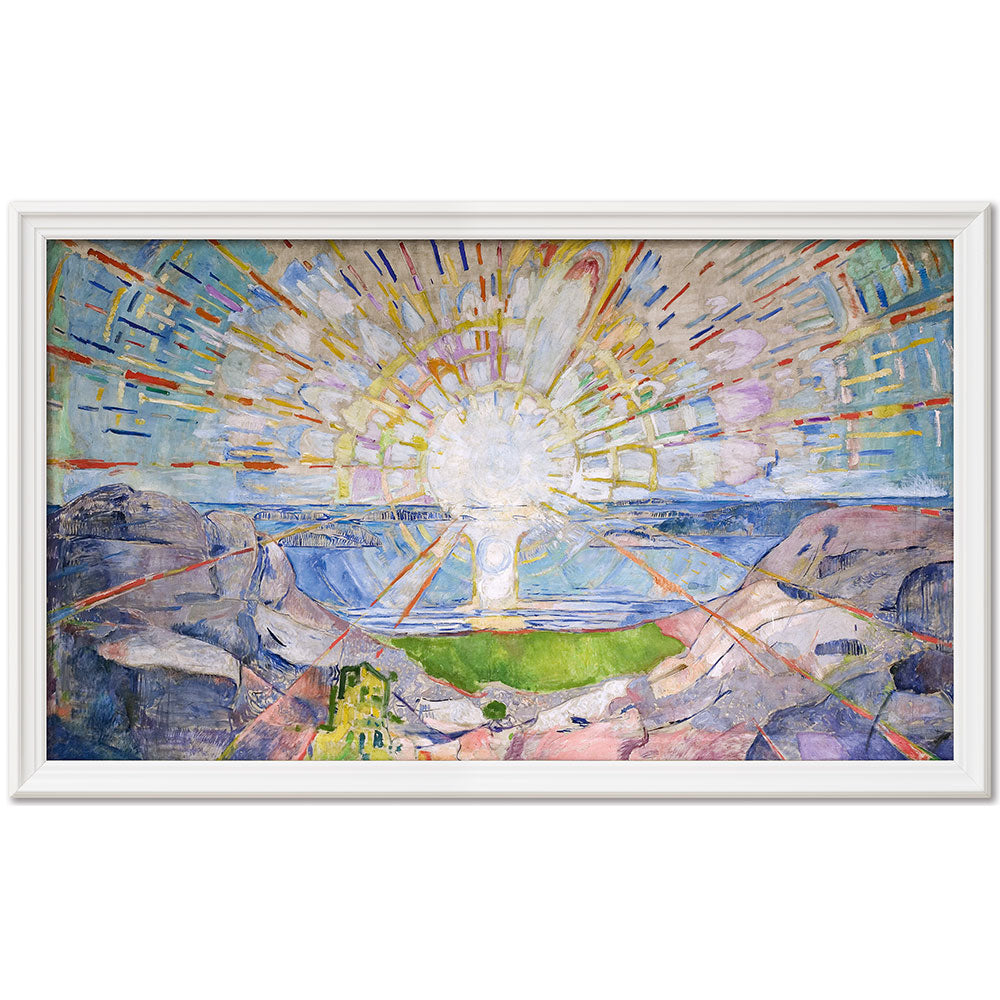 Edvard Munch: Bild „Die Sonne“, Version weiß gerahmt – farbenprächtiges Gemälde einer leuchtenden Sonne über Bergen, Wasser und grünen Feldern im weißen Rahmen.