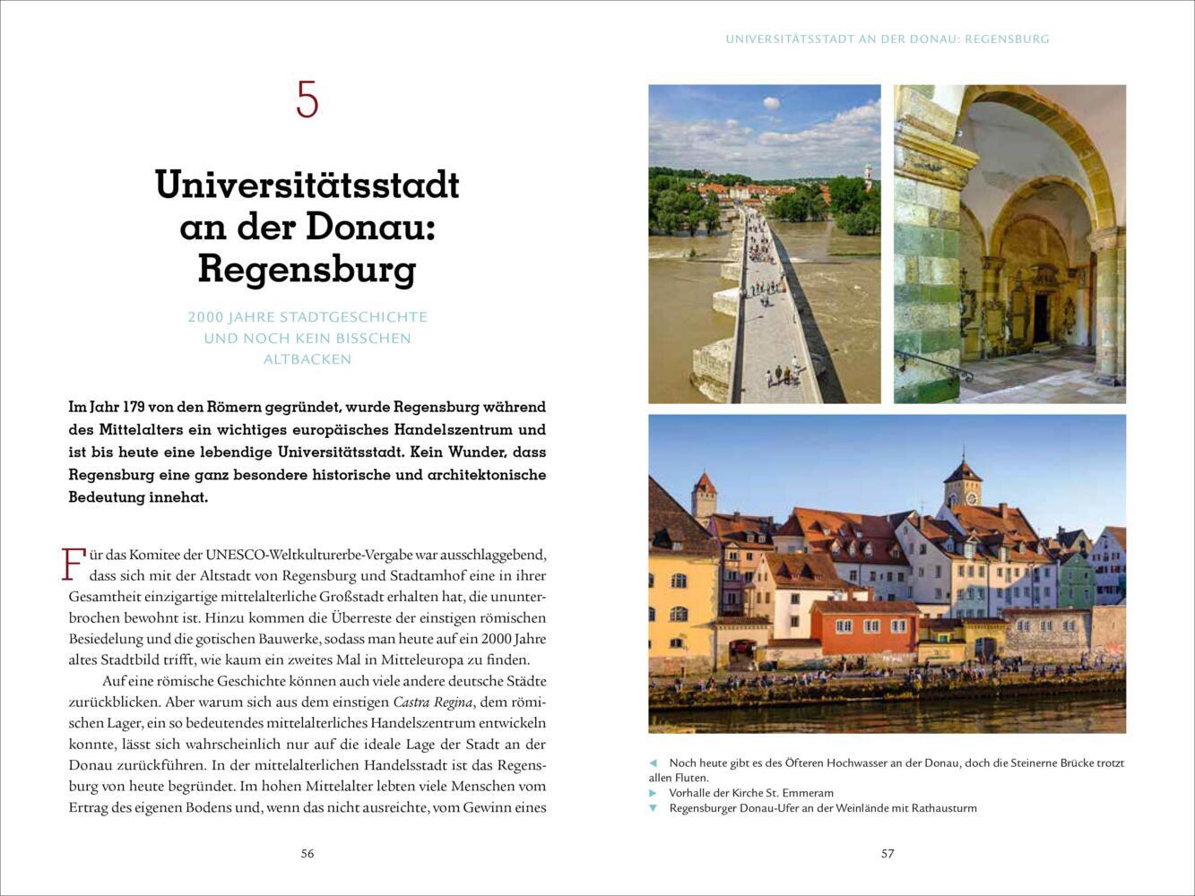Eine Buchseite über Regensburg mit Text, Stadtfotos, Uferpromenade, historischen Gebäuden und einer malerischen Brücke.