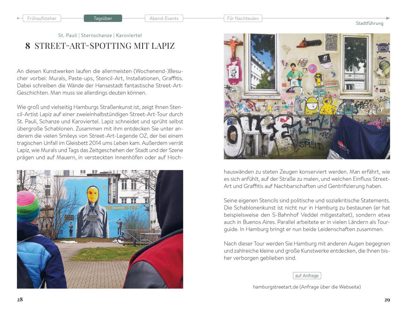 Eine Magazinseite über Straßenkunst mit Fotos von farbenfrohen Wandmalereien und Arbeitsräumen von Künstlern.