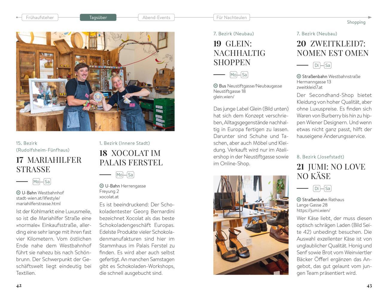 Eine Magazinseite mit Geschäften und Beschreibungen, mit einem Foto von zwei Personen in einer Holzwerkstatt.