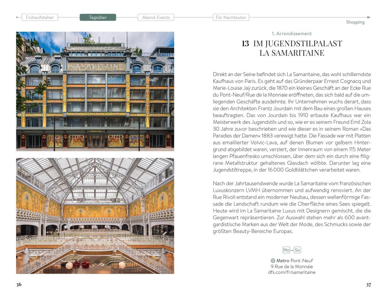 Das Innere von La Samaritaine in Paris mit den verzierten Balkonen, der Glasdecke und den dekorativen Eisenarbeiten.