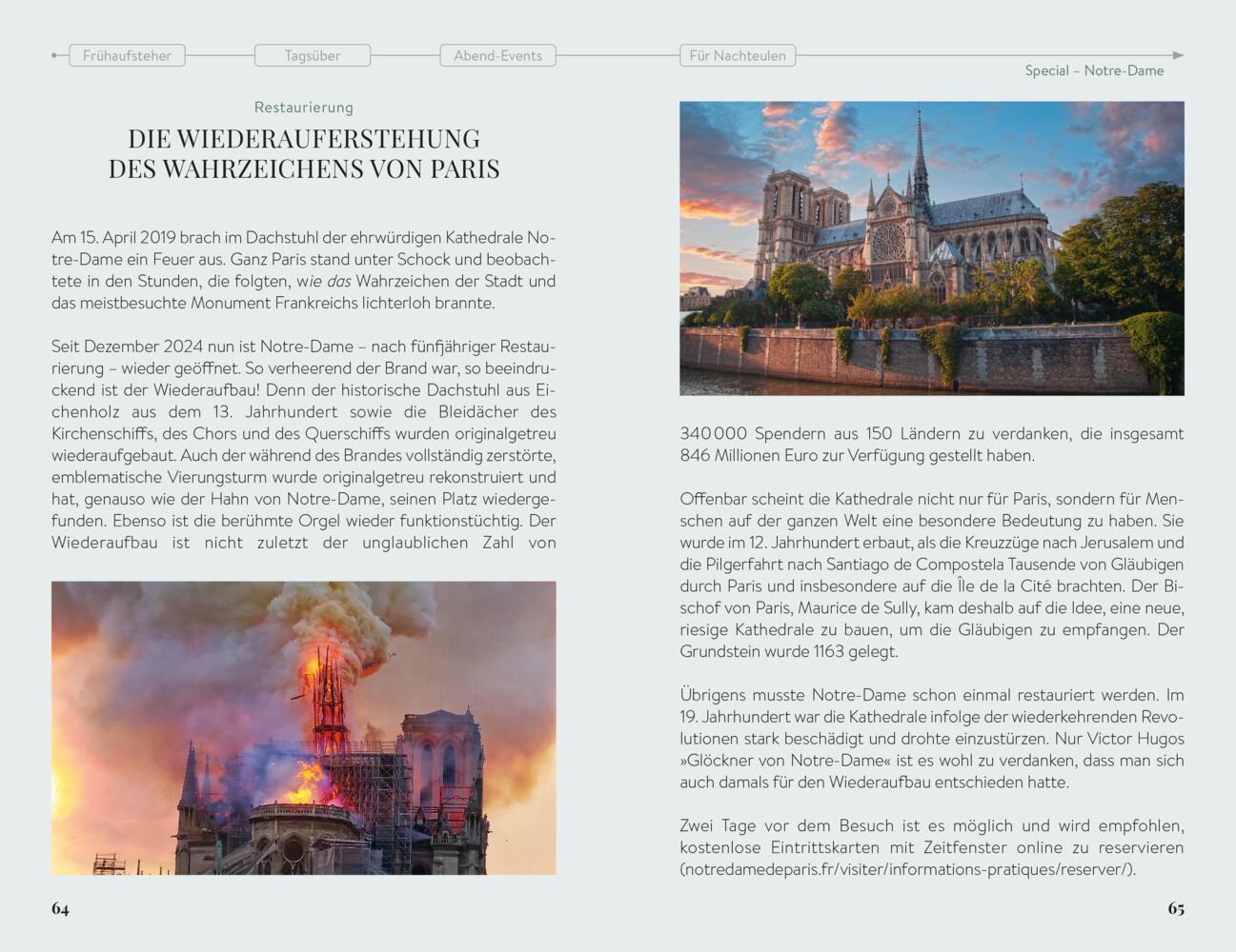 Magazinseite mit deutschem Text über die Restaurierung der Kathedrale Notre-Dame, mit zwei kleinen Fotos des Gebäudes.