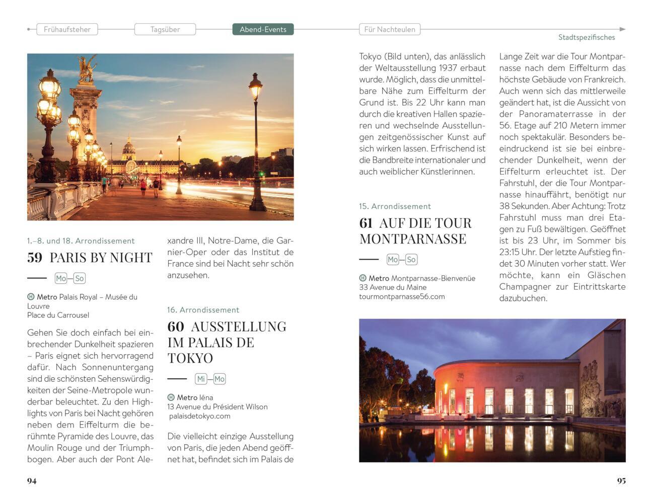 Eine Magazinseite mit Pariser Veranstaltungshinweisen und Fotos von einer Straßenlaterne und einem beleuchteten Gebäude am Wasser in der Abenddämmerung.
