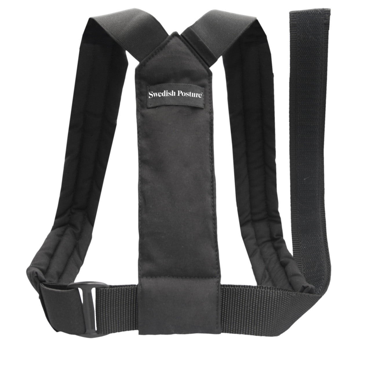 Der Haltungstrainer schwarz M-L ist ein schwarzes Haltungskorrekturgeschirr mit verstellbaren Riemen und einem Swedish Posture-Etikett auf der Rückseite.