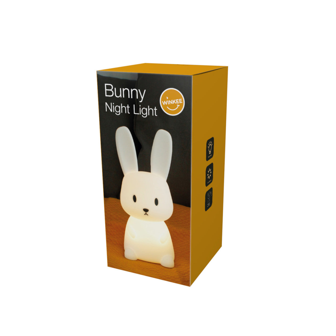 Gelbe Box mit einem hasenförmigen Nachtlicht „Nachtlicht Hase“ und dem Winkee-Logo.