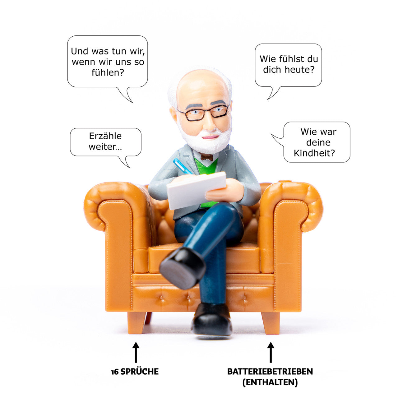 Schreibtisch-Psychologe: Spielfigur eines Therapeuten auf einem Sofa, darunter deutsche Sprechblasen und beschriftete Gesichtszüge.