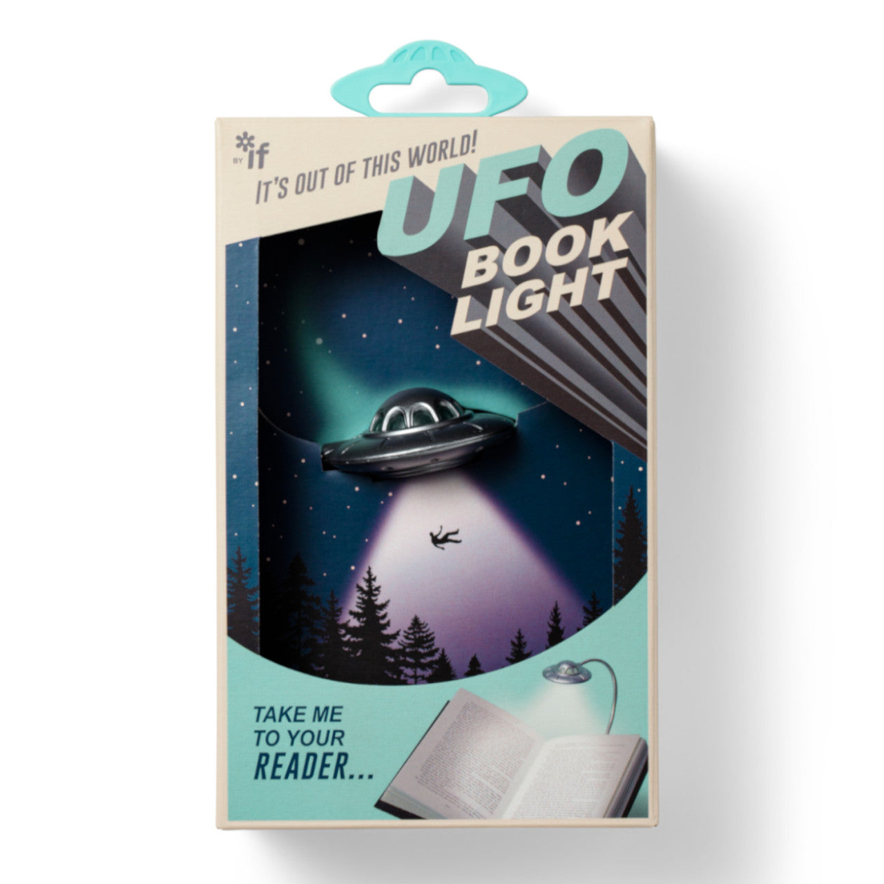 Das Leselampe UFO – 3 LEDs-Buchlichtpaket zeigt ein UFO, das eine Person über einer nächtlichen Waldszene nach oben strahlt.