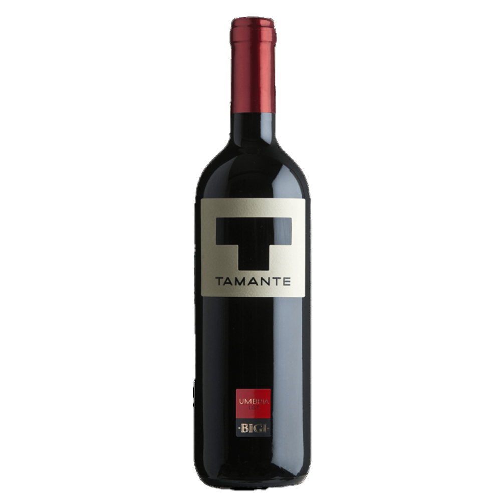 Eine Flasche Tamante Rotwein mit goldenem Etikett und rotem Folienverschluss.