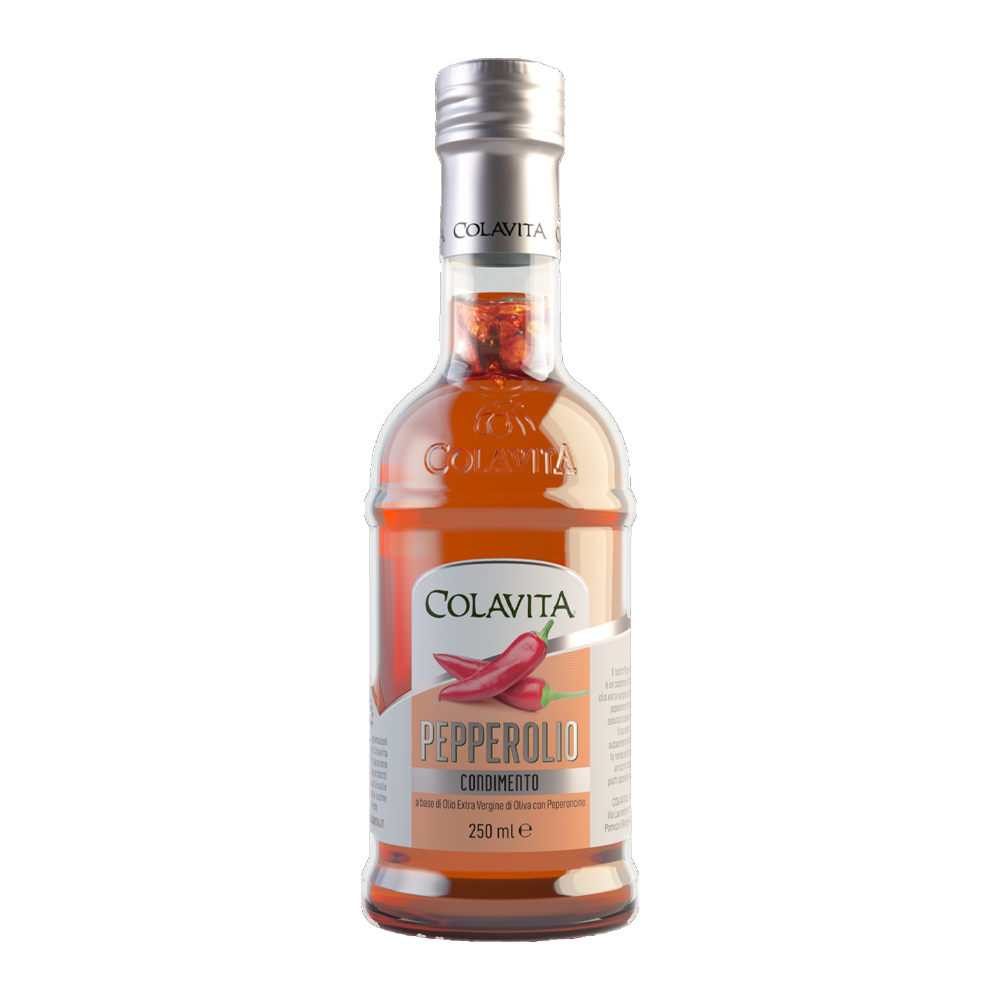 Eine Flasche Colavita Pepperolio Gewürz mit einem silbernen Verschluss und einem Etikett mit roten Chilischoten.
