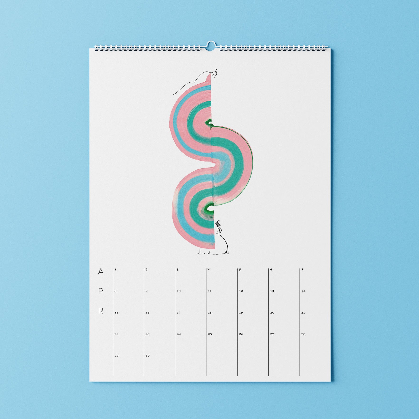 Minimalistisches Kalenderblatt für April mit abstrakten, farbenfrohen konzentrischen Formen und einfacher schwarzer Strichzeichnung.