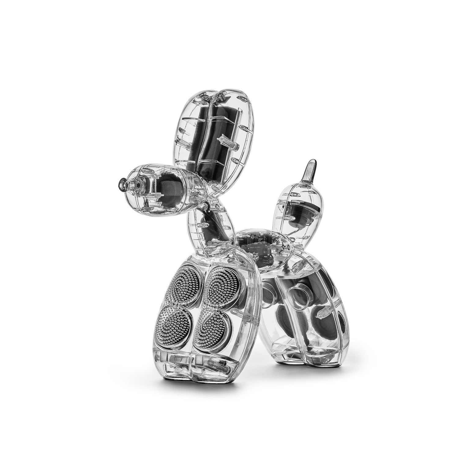 Eine transparente Ballonhund-Skulptur, die die mechanischen Teile und die Lautsprecher im Inneren zeigt.