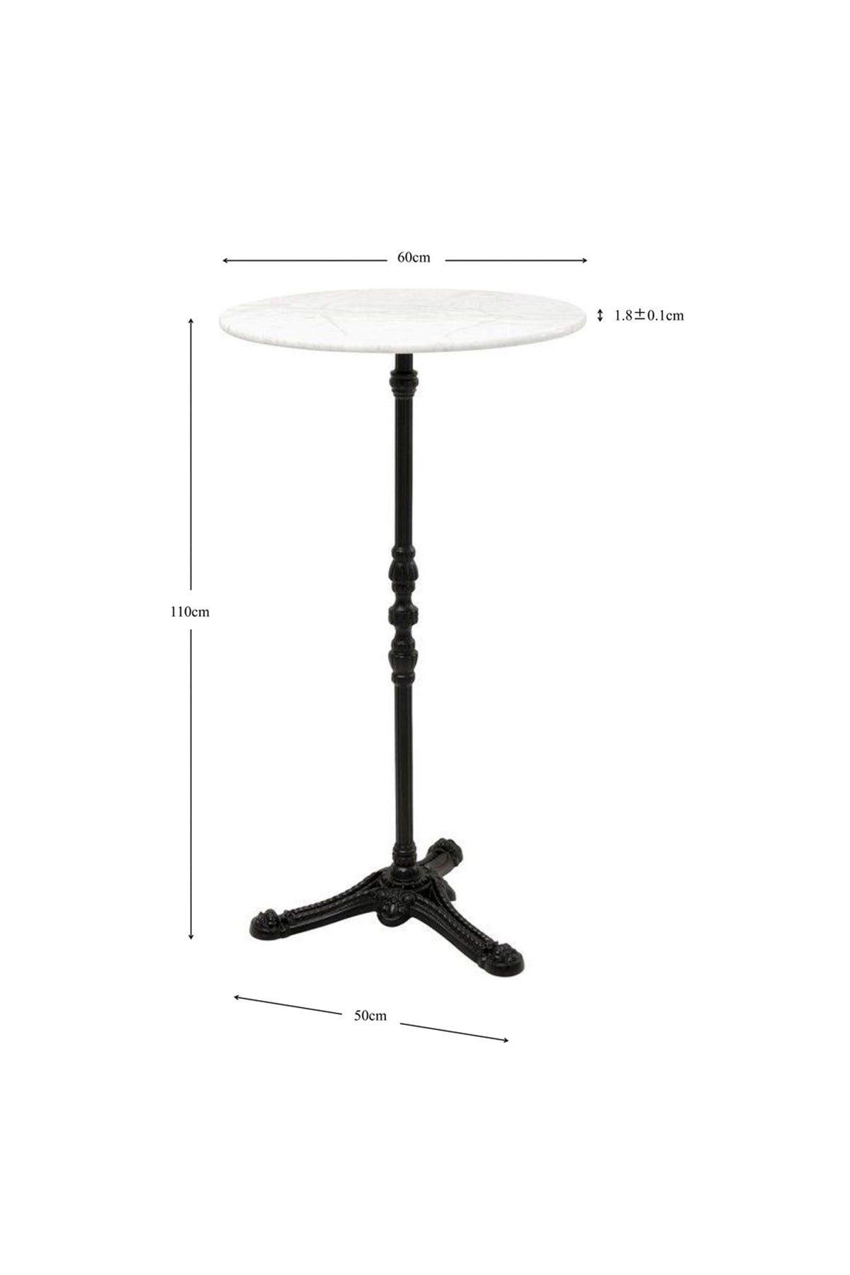 Runder Tisch mit weißer Platte, schwarzem Sockel und den angegebenen Maßen: 60 cm Durchmesser, 1,8 cm Dicke, 110 cm Höhe und 50 cm Basisbreite.