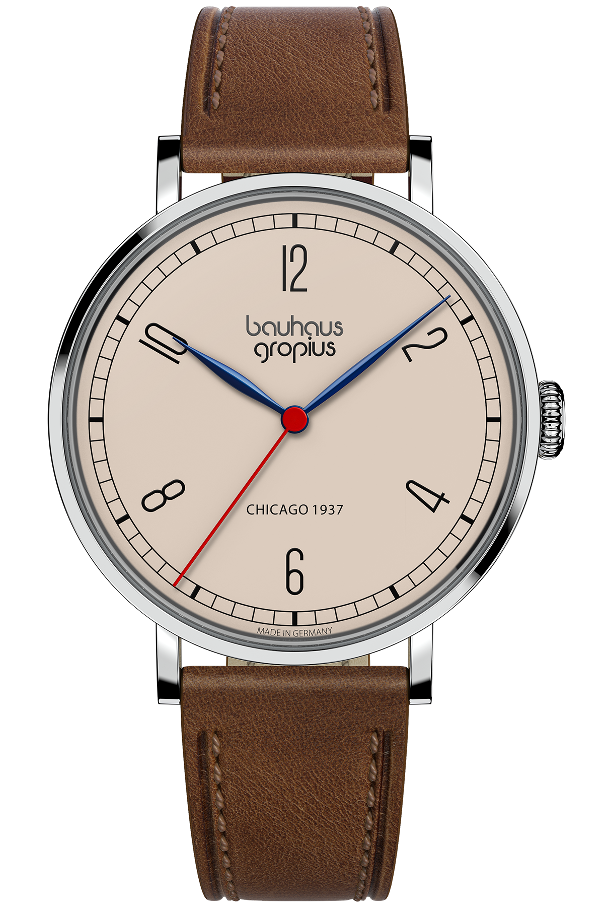 Armbanduhr mit beigem Zifferblatt, blauem Stunden- und Minutenzeiger, rotem Sekundenzeiger, schwarzen Ziffern, braunem Lederarmband und dem Schriftzug "bauhaus gropius" auf dem Zifferblatt.