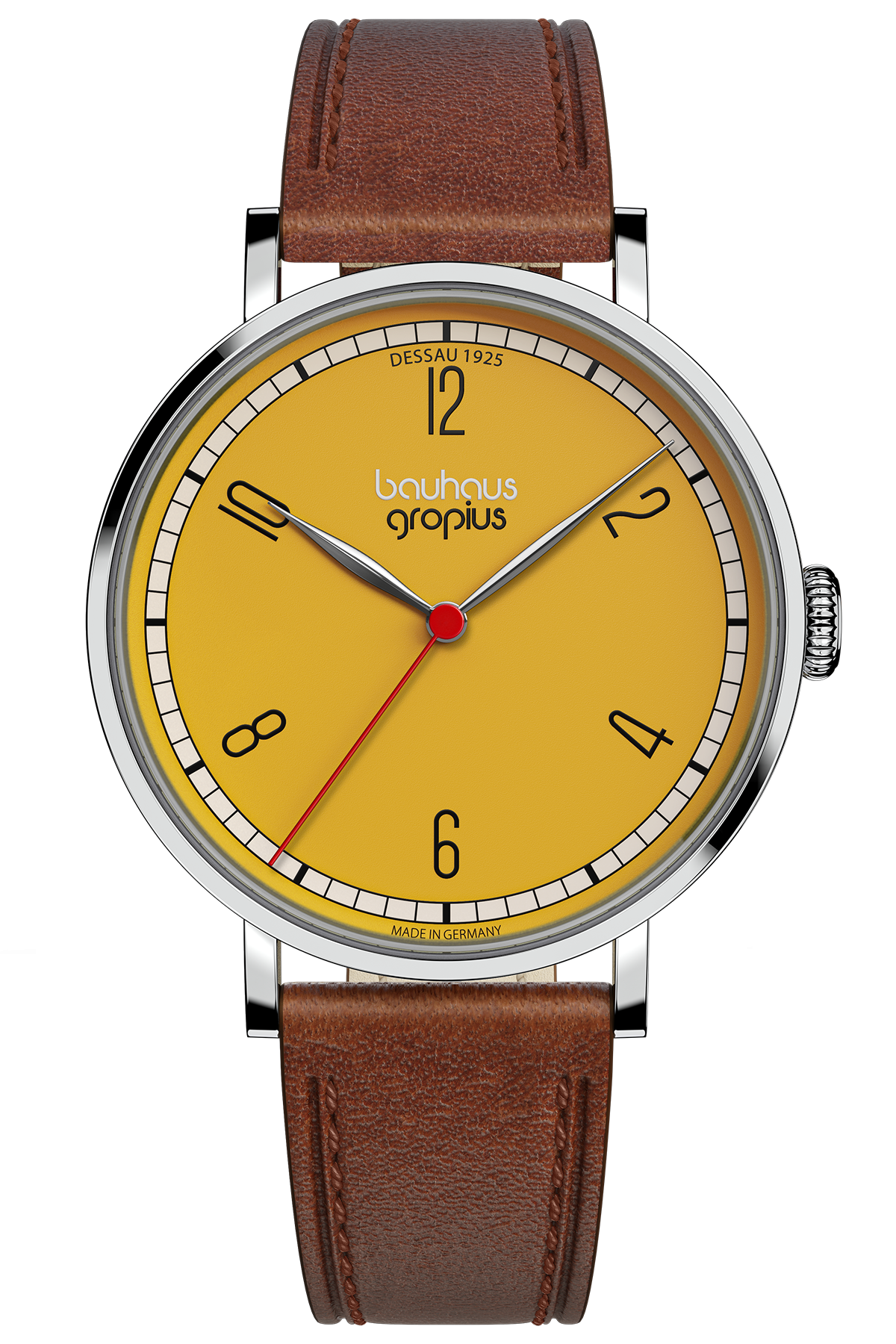 Eine Armbanduhr mit gelbem Zifferblatt, schwarzen Ziffern, rotem Sekundenzeiger und braunem Lederarmband mit der Aufschrift bauhaus gropius auf dem Zifferblatt.