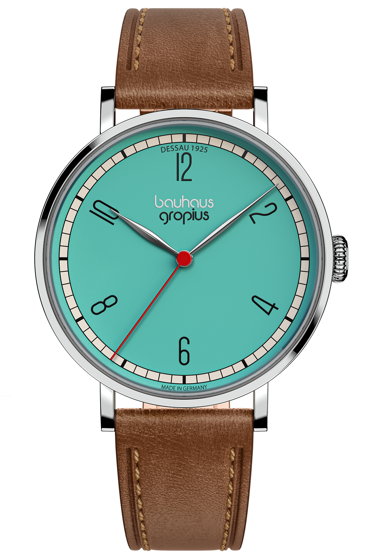Eine Armbanduhr mit türkisfarbenem Zifferblatt, schwarzen Ziffern, rotem Sekundenzeiger, silbernem Gehäuse und braunem Lederband. Das Zifferblatt ist mit "bauhaus gropius" beschriftet.