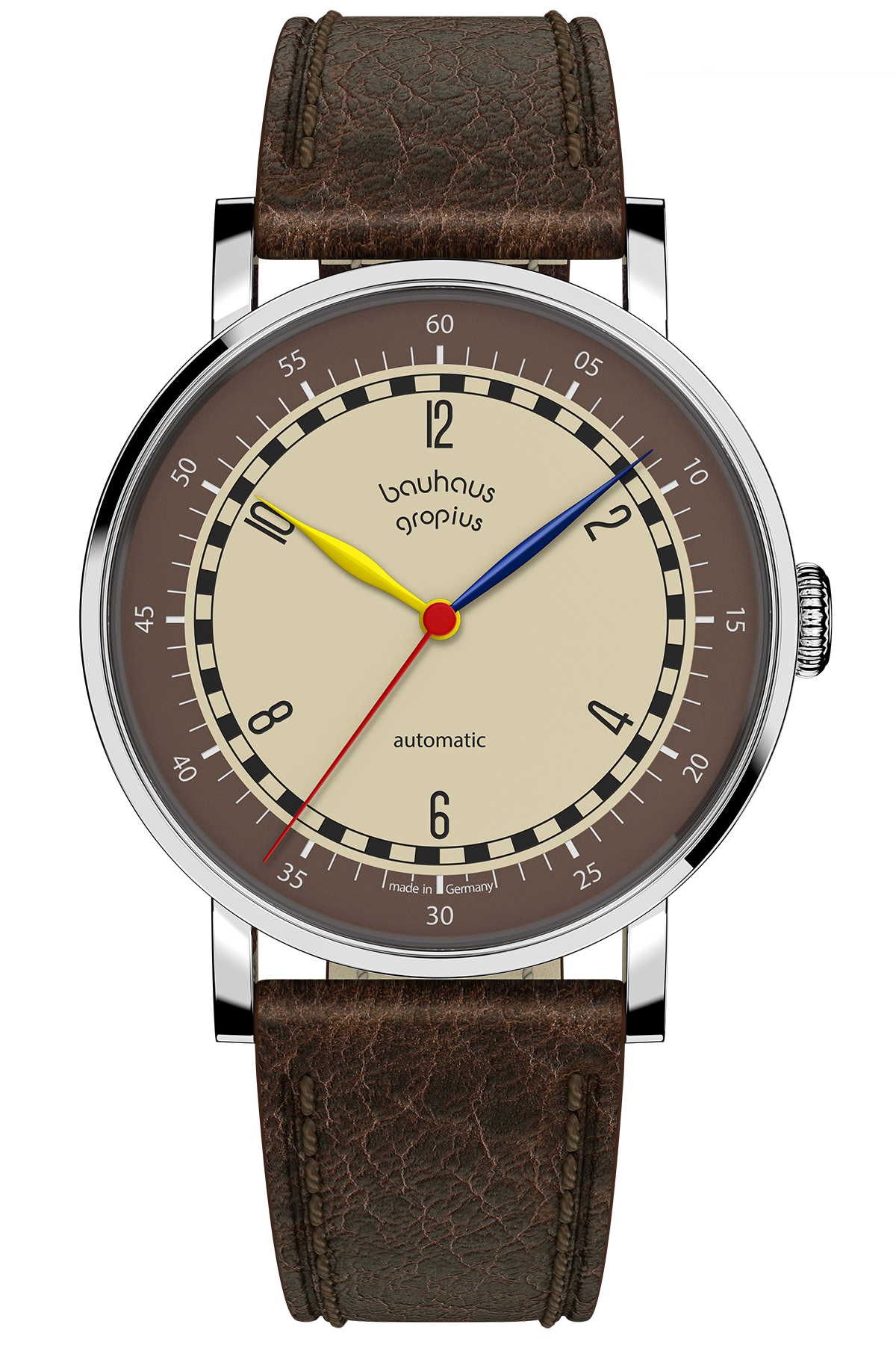 Eine Armbanduhr mit braunem Lederarmband, beigefarbenem und braunem Zifferblatt, roten, gelben und blauen Zeigern und dem Bauhaus-Gropius-Logo sowie dem Wort Automatik.