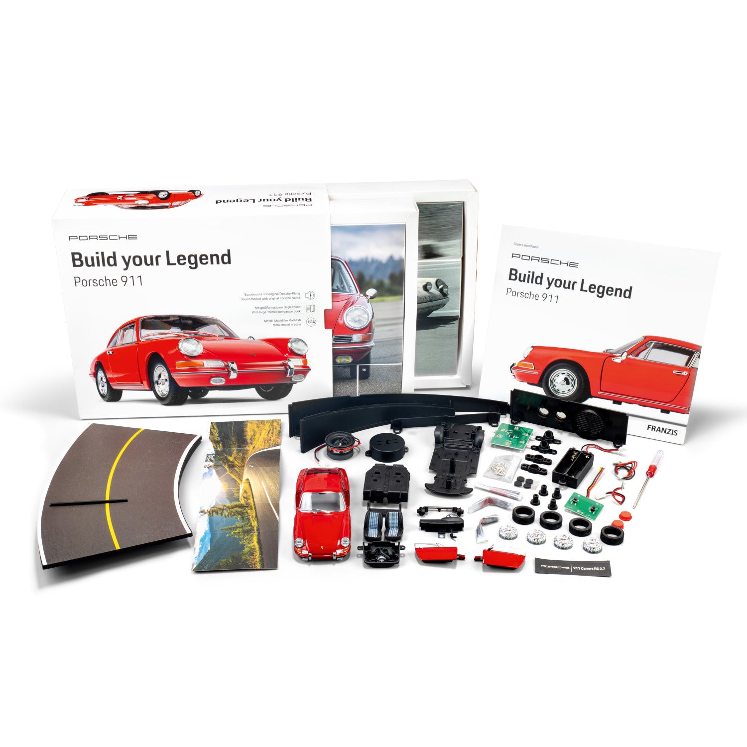 Porsche 911 Modellbausatz mit Teilen, Anleitung, Straßenteil und Verpackung auf weißem Hintergrund.