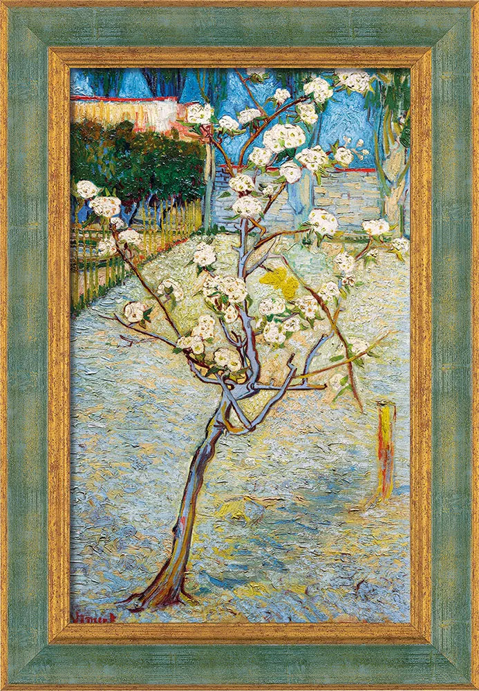 Gerahmtes Gemälde eines blühenden Baumes mit weißen Blumen in einer Gartenlandschaft, im impressionistischen Stil gemalt.