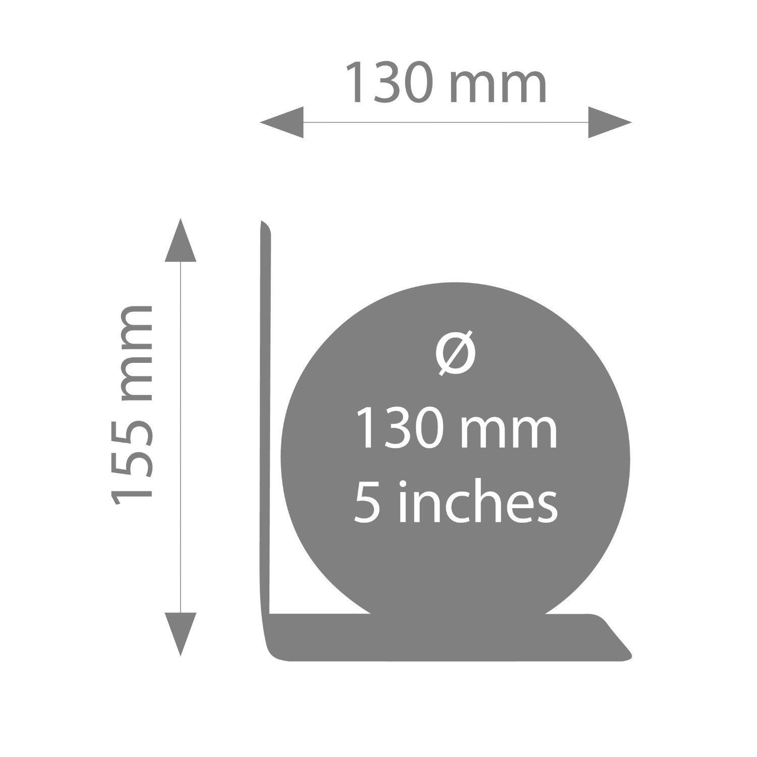 Schema eines Ständers, der eine 130 mm (5 Zoll) große Scheibe hält; Ständerhöhe 155 mm, Tiefe 130 mm.