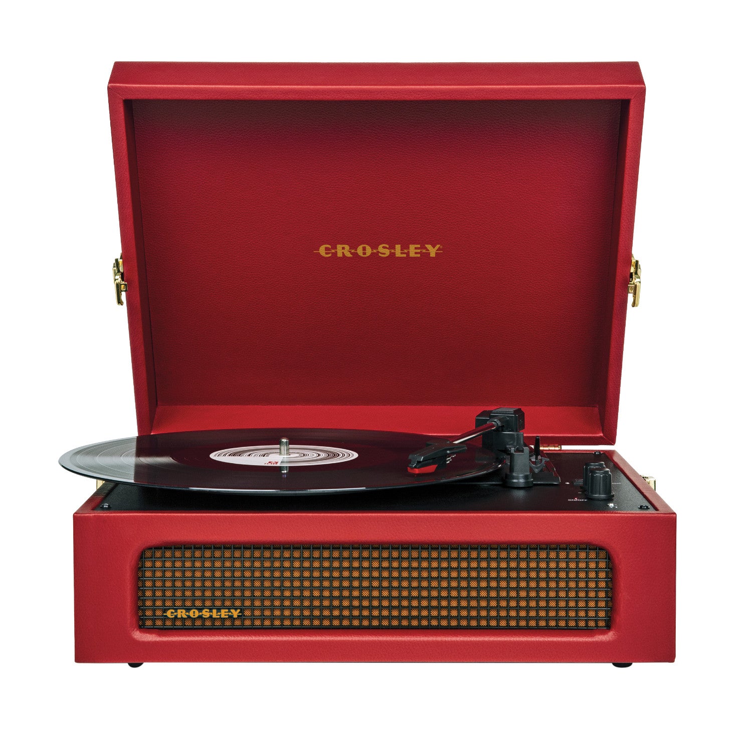 Roter Crosley-Schallplattenspieler mit geöffnetem Deckel, auf dessen Plattenteller sich eine Schallplatte dreht.