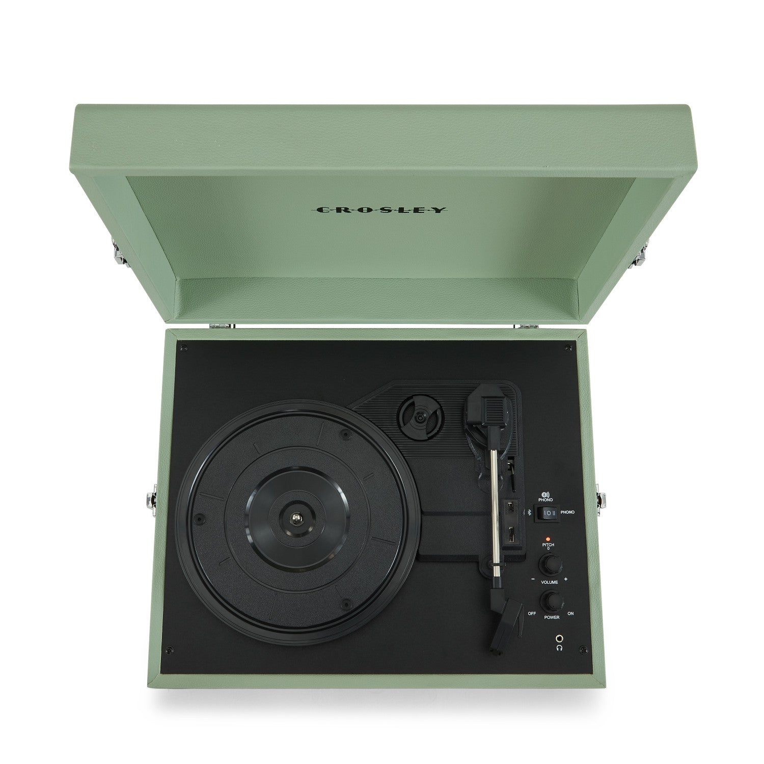 Ein grüner Crosley-Plattenspieler mit geöffnetem Deckel, der den Plattenteller und die Bedienknöpfe zeigt.