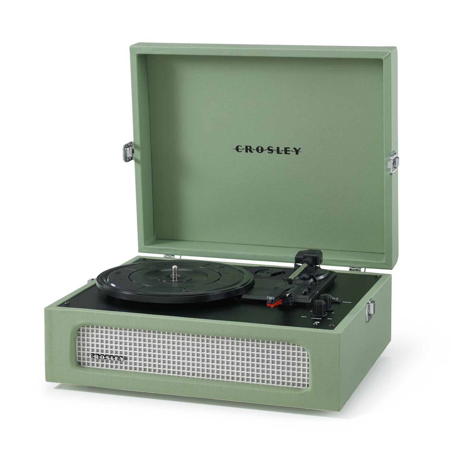 Ein grüner Crosley-Plattenspieler mit geöffnetem Deckel, der den Plattenteller und die Bedienelemente zeigt.