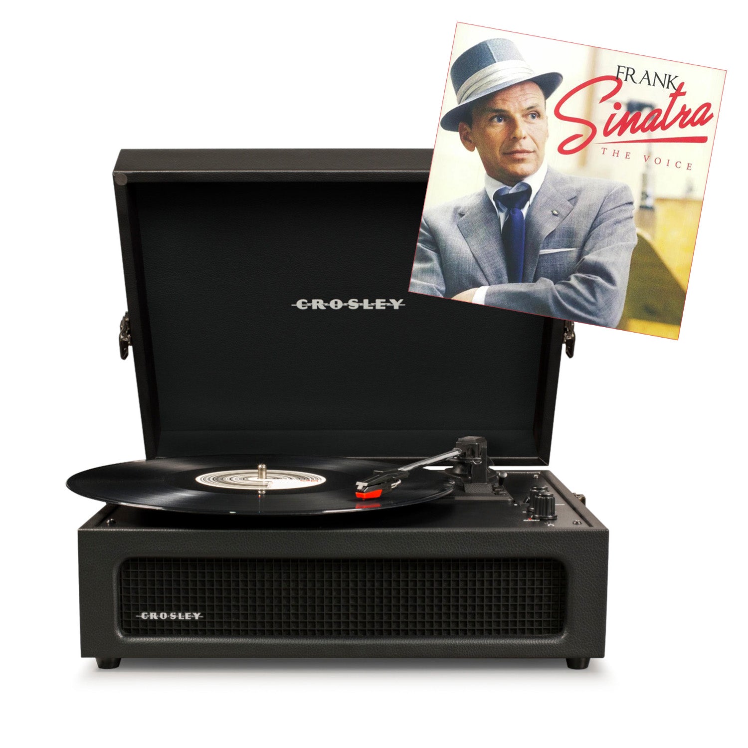 Ein Crosley-Plattenspieler mit einer Schallplatte und einem Frank Sinatra-Albumcover darüber.