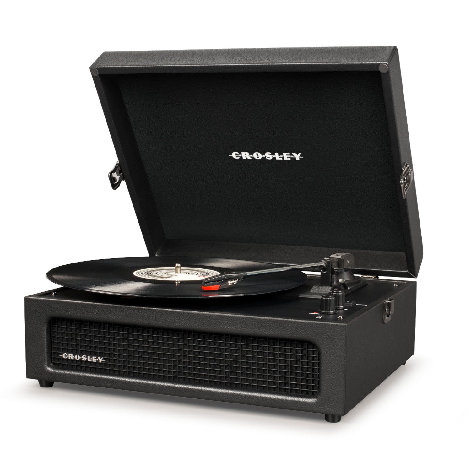 Ein schwarzer Crosley-Plattenspieler mit offenem Deckel, der eine Schallplatte abspielt.
