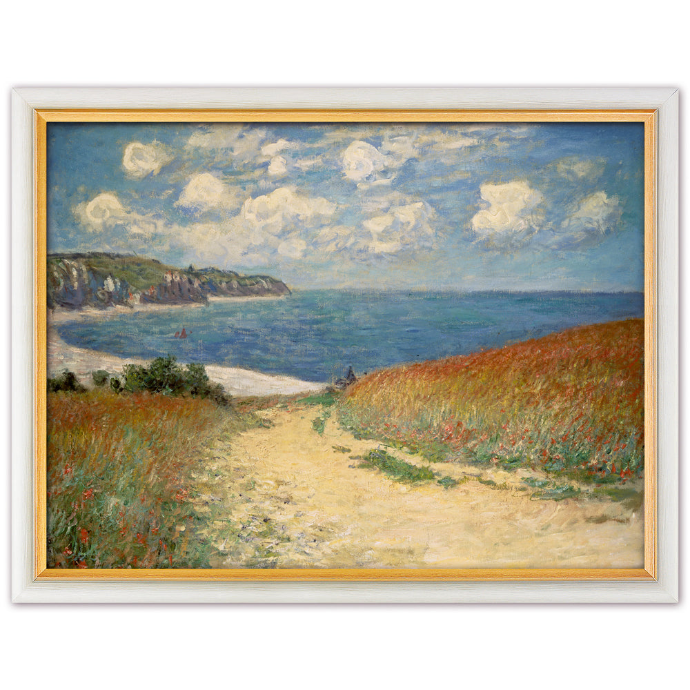 Das gerahmte Kunstwerk „Strandweg zwischen Weizenfeldern nach Pourville“ (1882) von Claude Monet zeigt einen Küstenweg, der unter blauem Himmel zum Meer führt und von grasbewachsenen Hügeln gesäumt ist.