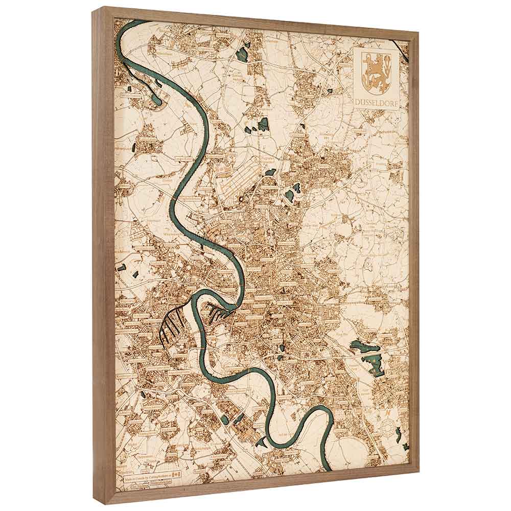 Gerahmter Stadtplan von Düsseldorf im Vintage-Stil, der den Stadtgrundriss und den sich schlängelnden Fluss zeigt, mit einem Stadtwappen in der oberen rechten Ecke.