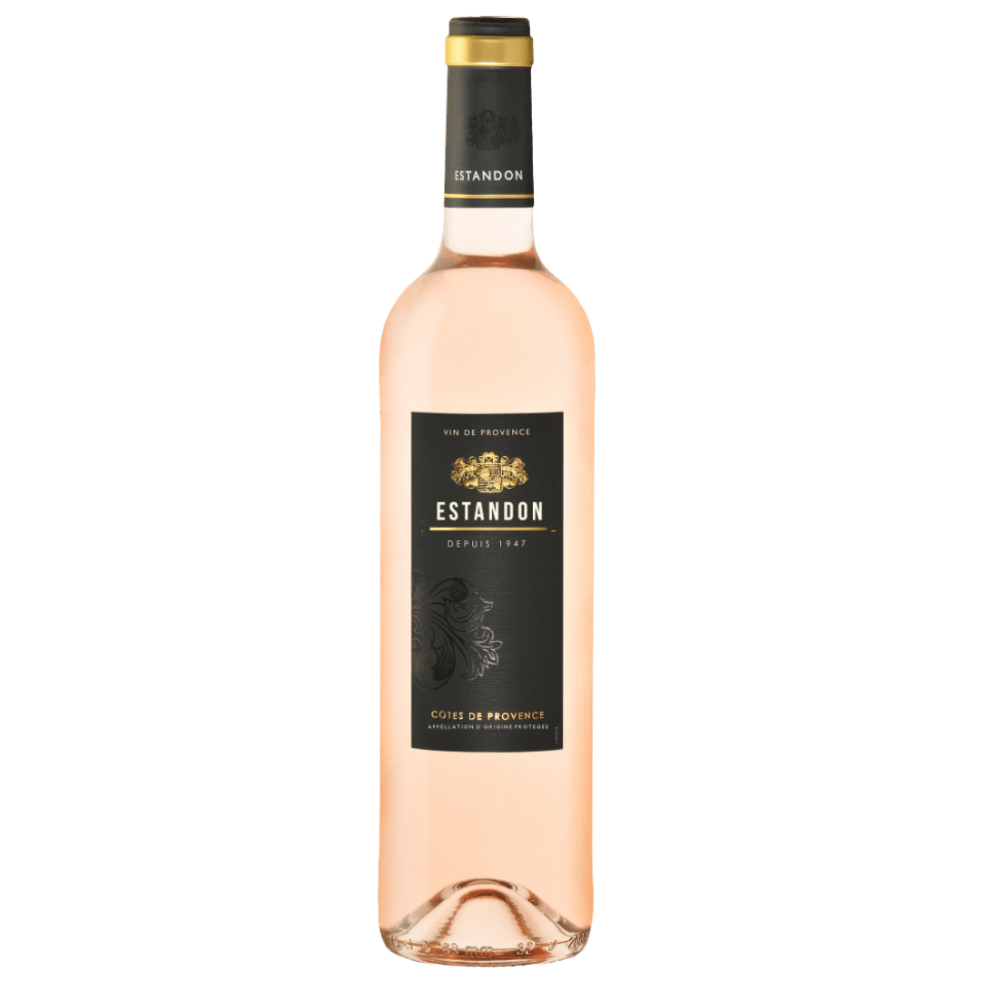 Eine Flasche Estandon Côtes de Provence Roséwein mit einem schwarz-goldenen Etikett auf weißem Grund.