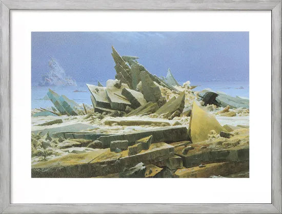 Caspar David Friedrich: Bild „Das Eismeer“ (1824) – Gemälde von gezackten, geometrischen Eisformationen unter blauem Himmel, präsentiert mit weißem Passepartout und silbernem Rahmen.