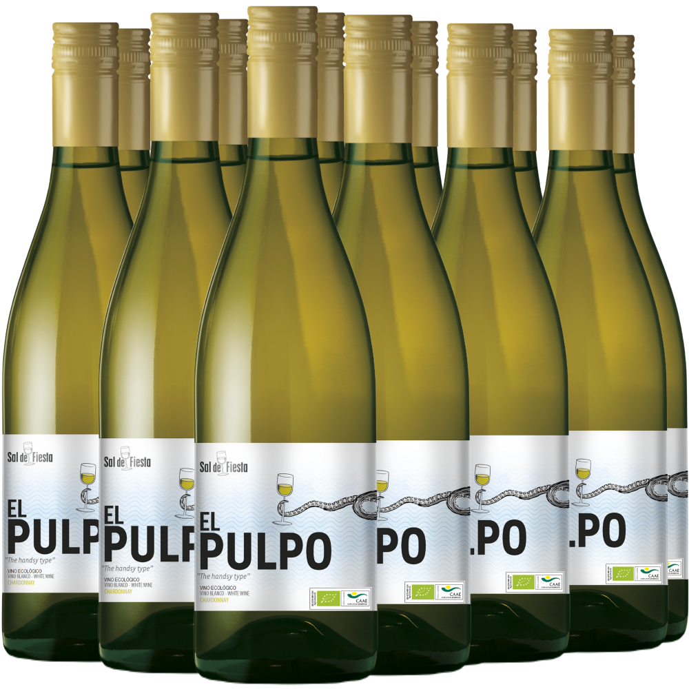 Zwölf Flaschen El Pulpo-Weißwein mit goldenen Verschlüssen, die in zwei Reihen angeordnet sind.