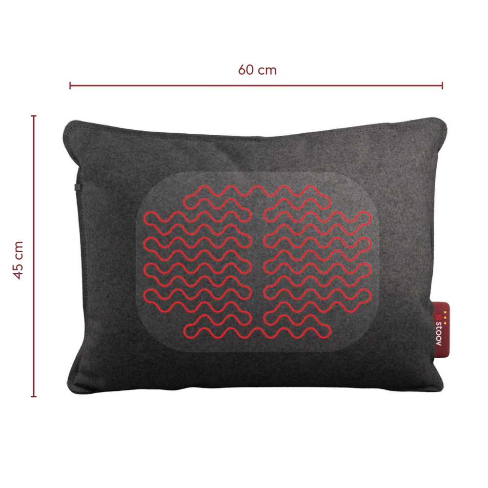 Rechteckiges, dunkles Kissen mit roten Heizspiralen und beschrifteten Maßen: 60 cm breit und 45 cm hoch.