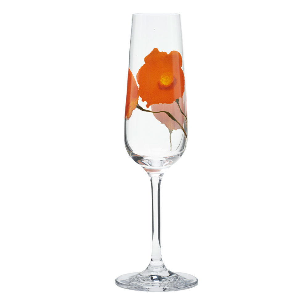Ein Set aus vier Sektgläsern mit dem Namen „Emil Nolde: 4-teiliges Sektgläser-Set ‚Sommerblumen‘“ weist orangefarbene Blumenmuster auf den Schalen auf.