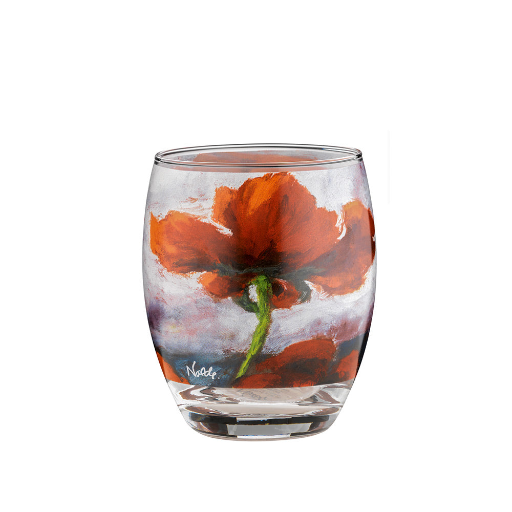 Emil Nolde: Drei Teelichtergläser „Blumen“ – Klarglasbecher mit aufgemaltem roten Mohnblumenmuster auf weißem und grauem Hintergrund.