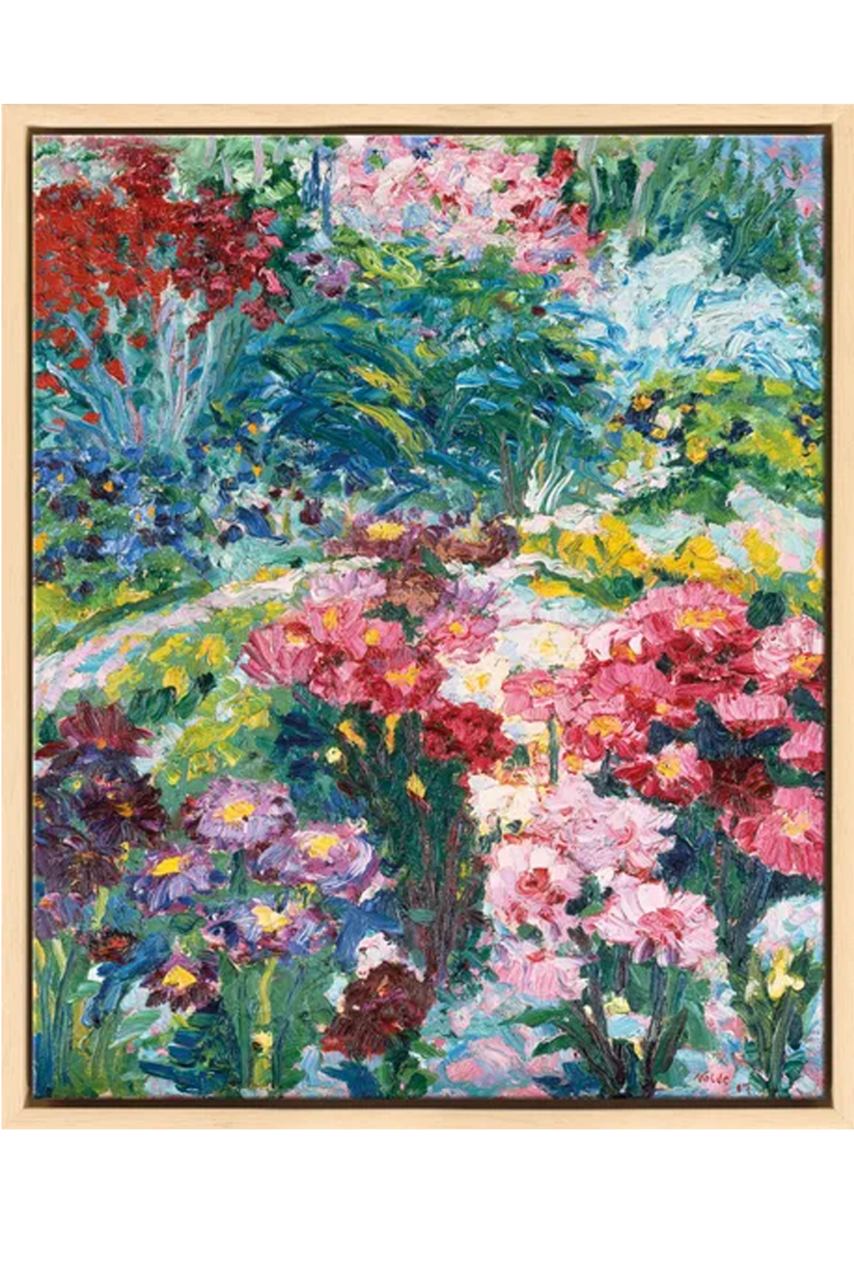 Dieses Gemälde aus dem Jahr 1907 entstand jedoch vermutlich im Garten seiner Nachbarin Anna Wied auf der dänischen Insel Alsen. Der Blick in den Garten entfaltet sich wie ein farbenprächtiges Feuerwerk, in dem Nolde die gesamte Vielfalt seiner Palette eindrucksvoll ausspielte.