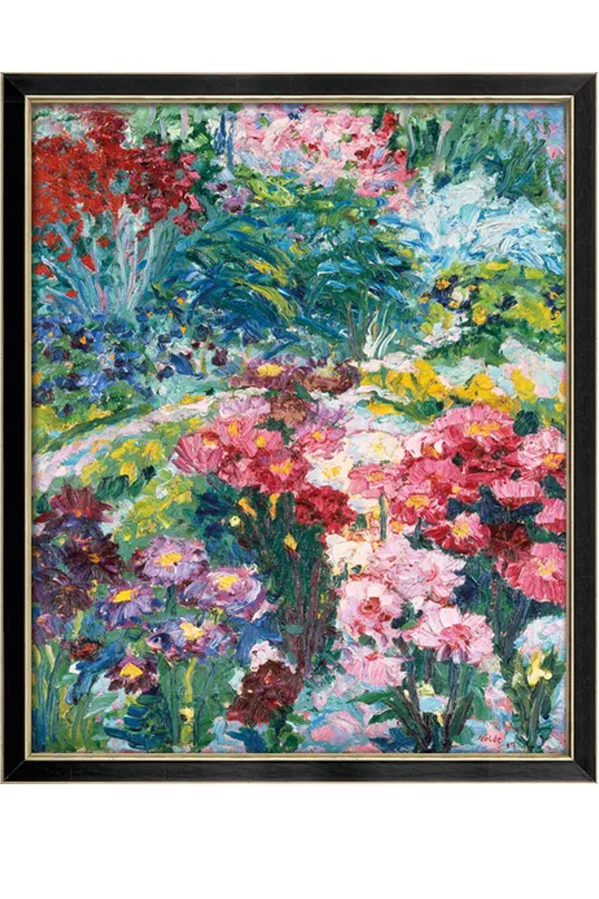 Der Blick in den Garten entfaltet sich wie ein farbenprächtiges Feuerwerk, in dem Nolde die gesamte Vielfalt seiner Palette eindrucksvoll ausspielte.