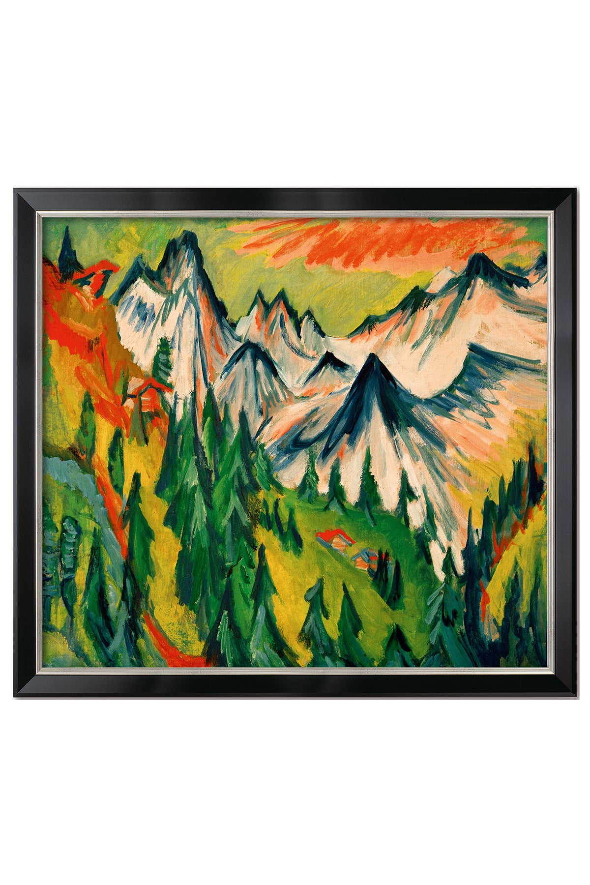 Buntes Gemälde einer Berglandschaft mit grünen Bäumen, schneebedeckten Gipfeln und einem leuchtend gelb-orangen Himmel, schwarz umrahmt.